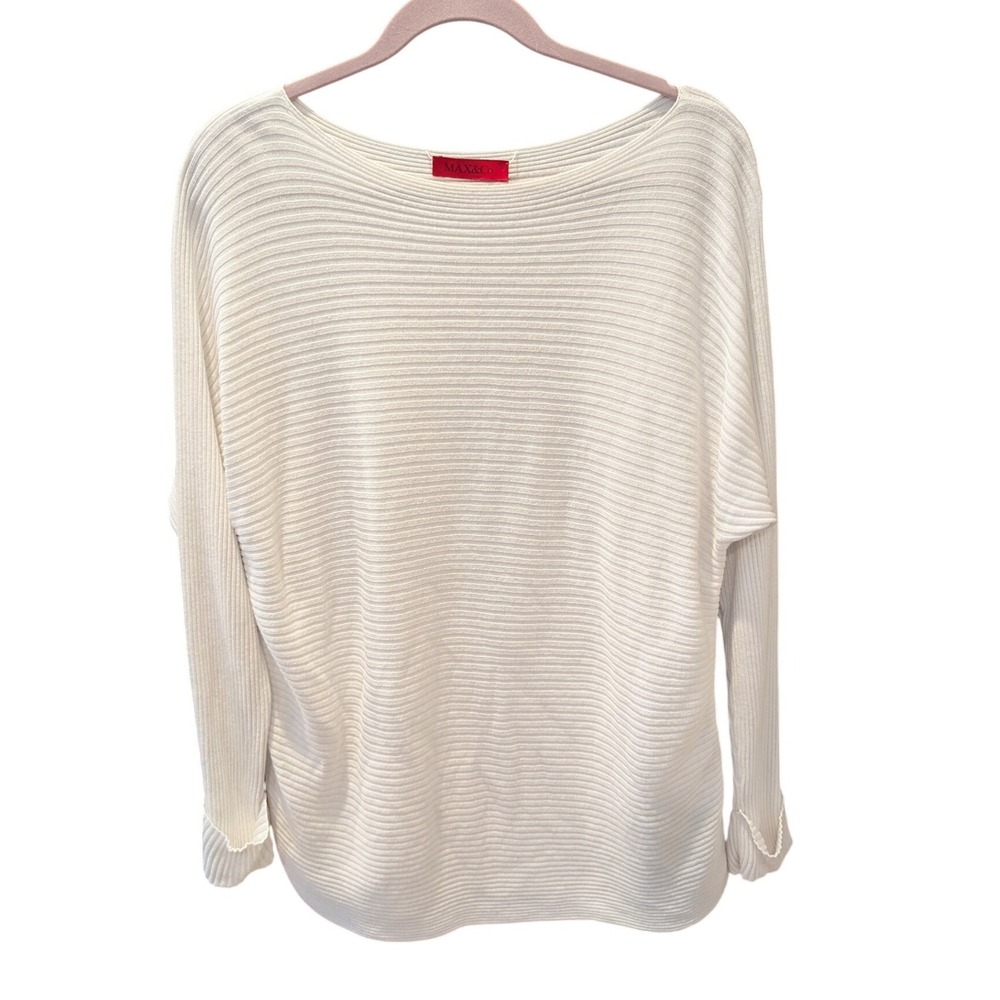 Max & Co. White Ribbed Boat Neck Dolman Sleeve Cotton Blend Sweater Top Sz L